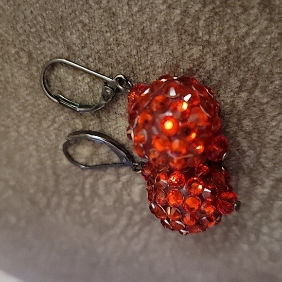3/$30 Red Disco Ball Christmas Holiday Leverback Gunmetal Dangle Earrings - Picture 3 of 6